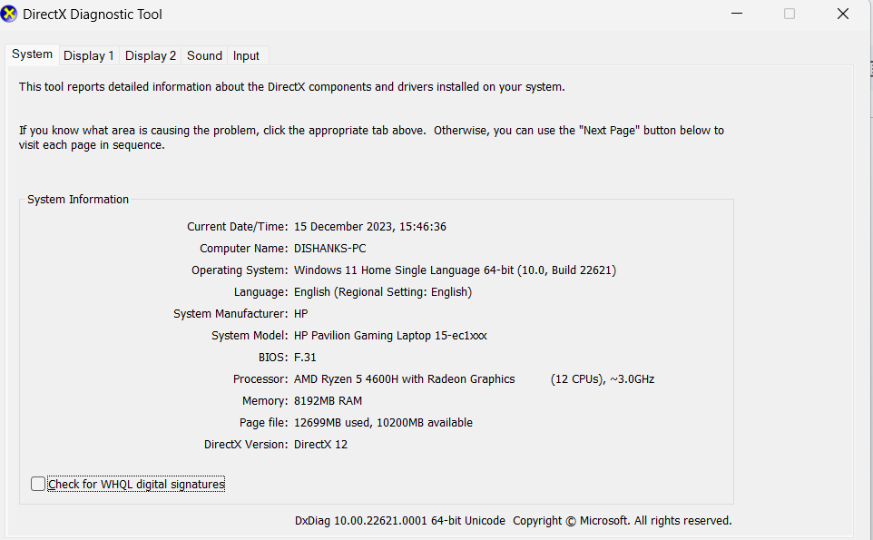 DirectX diagnostic tool