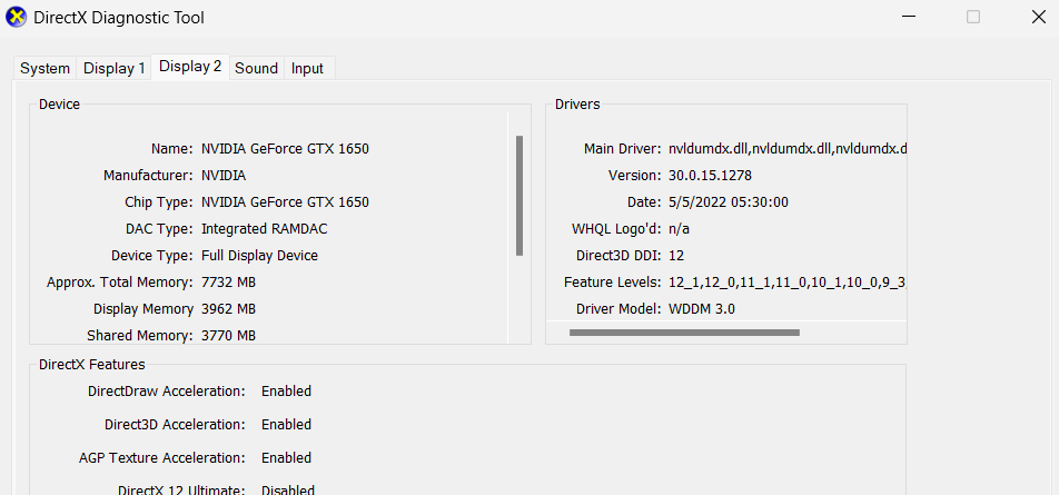 DirectX Diagnostic Window - Display tab