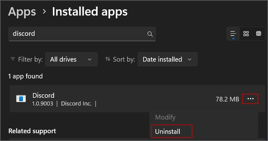 Discord apps in installed apps