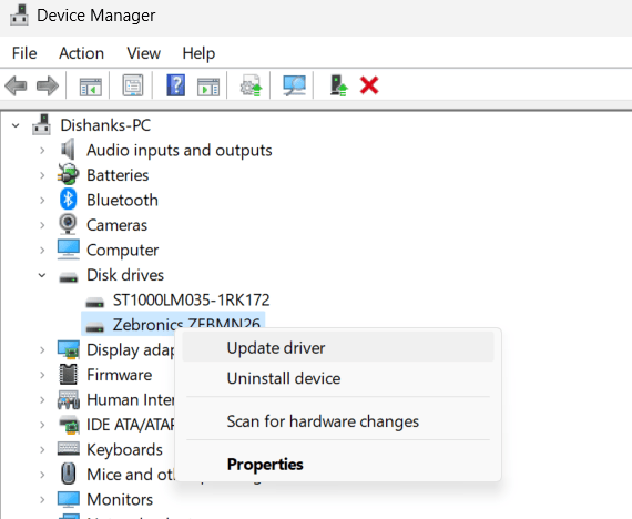 Disk Drivers-Update Driver