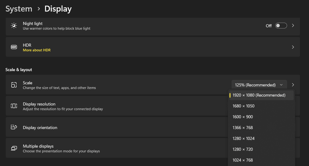 Display Resolution settings