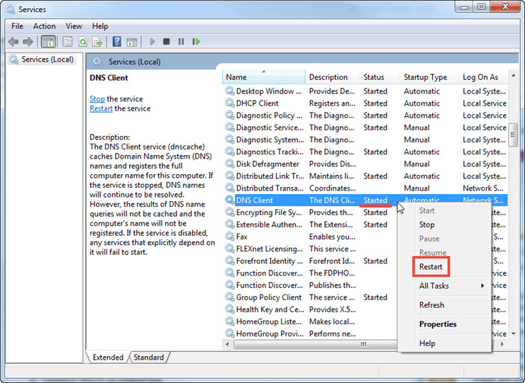 DNS Client Service Restart