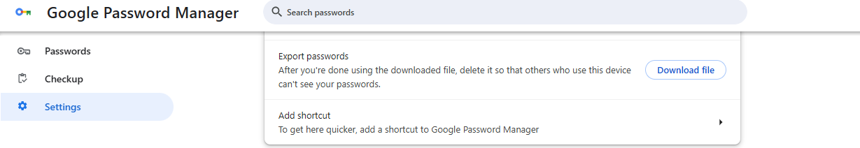 Download File button in password manager Chrome setting