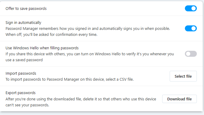 Download File button under Export Passwords section Opera
