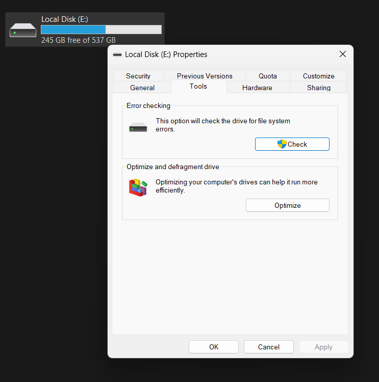 drive properties-tools tab
