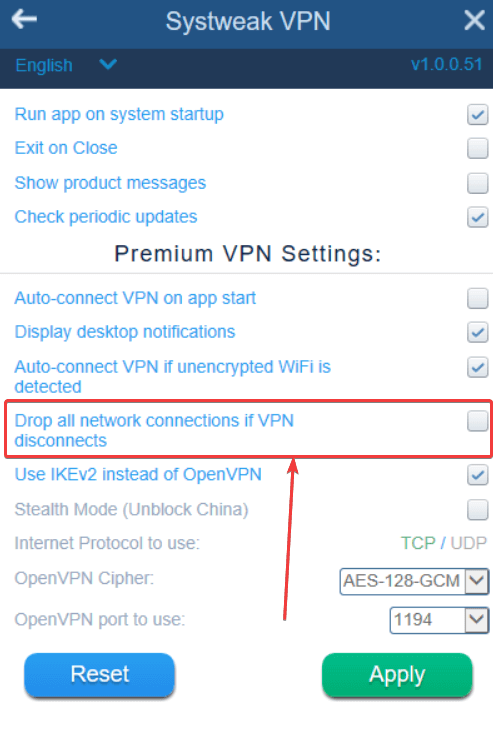drop all network connections if vpn disconnects option
