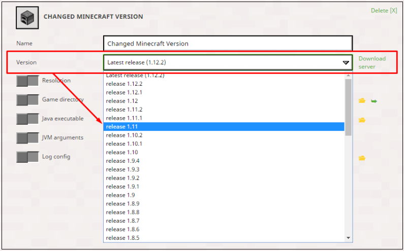 dropdown menu to change minecraft version