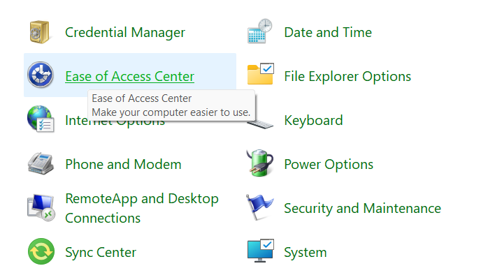 Ease of Access Center option