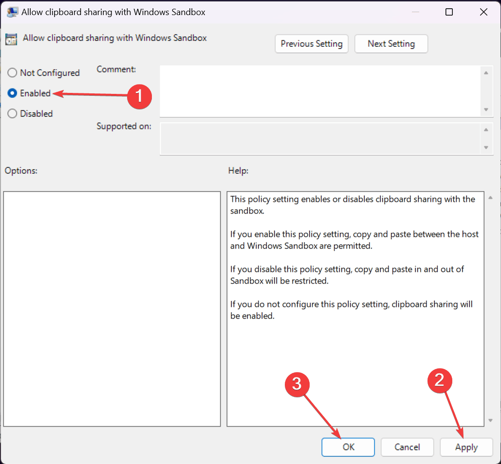 Enable Disable option in Allow clipboard sharing with Windows Sandbox