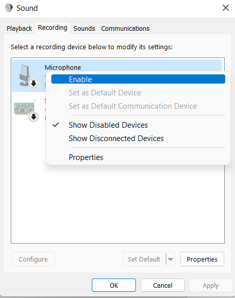 Enable option in Recording Tab