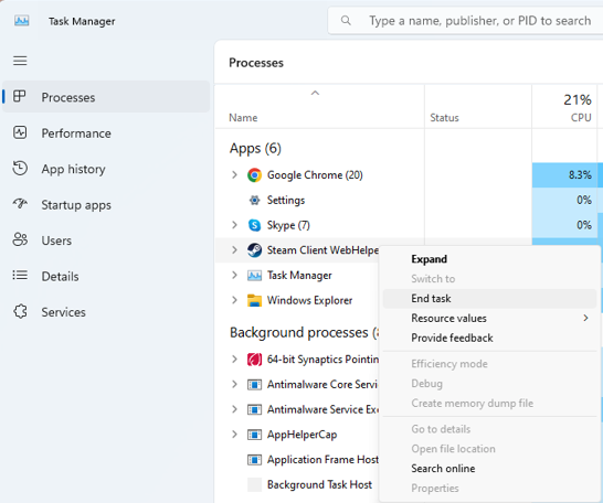 end task to close steam client