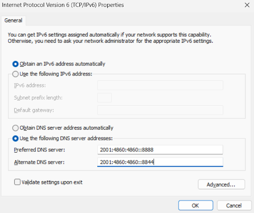 enter the values in IPV6