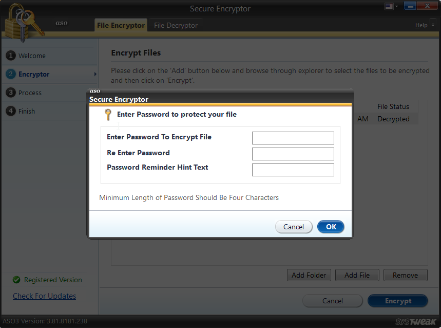 Entering password to encrypt file