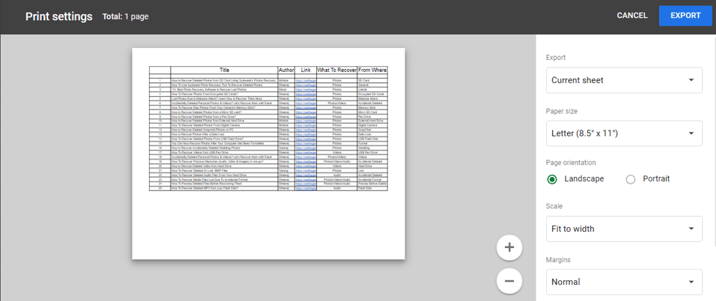 Export Option Under Printing Settings