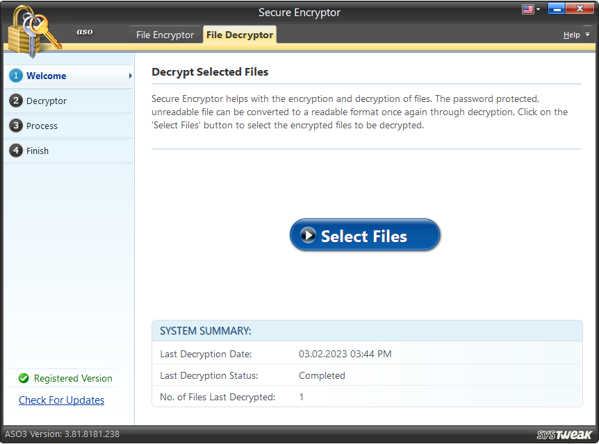 File Decryptor Tab- Advanced System Optimizer