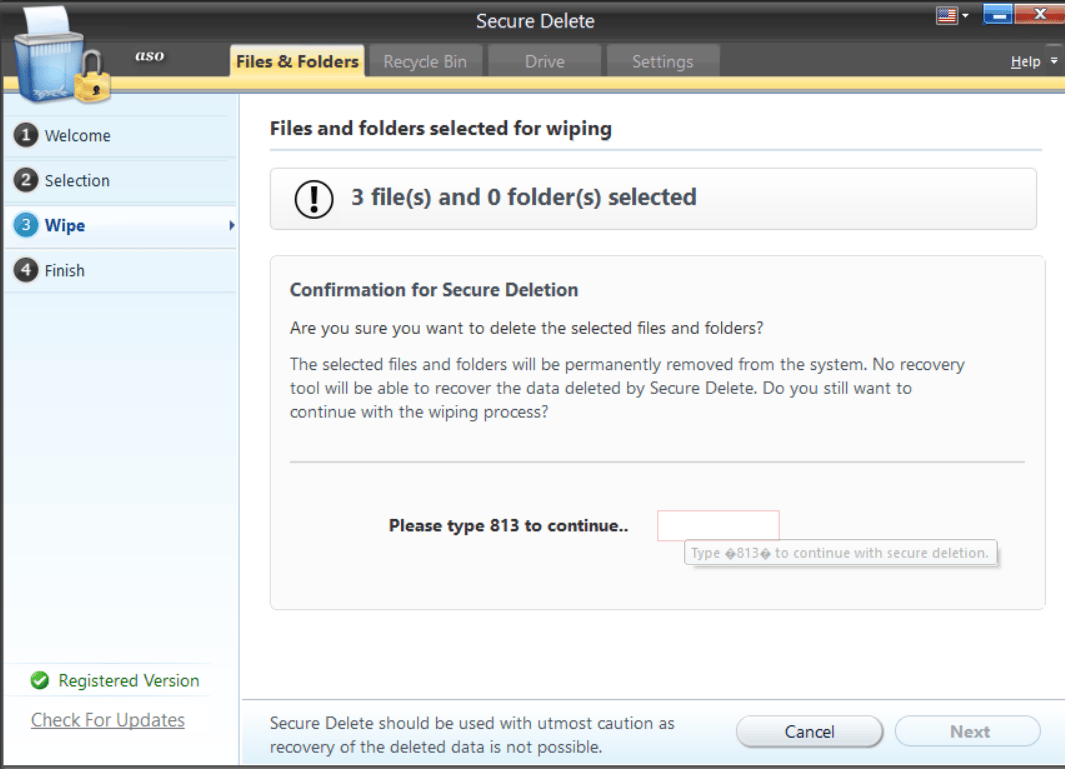 files and folders selected for wiping