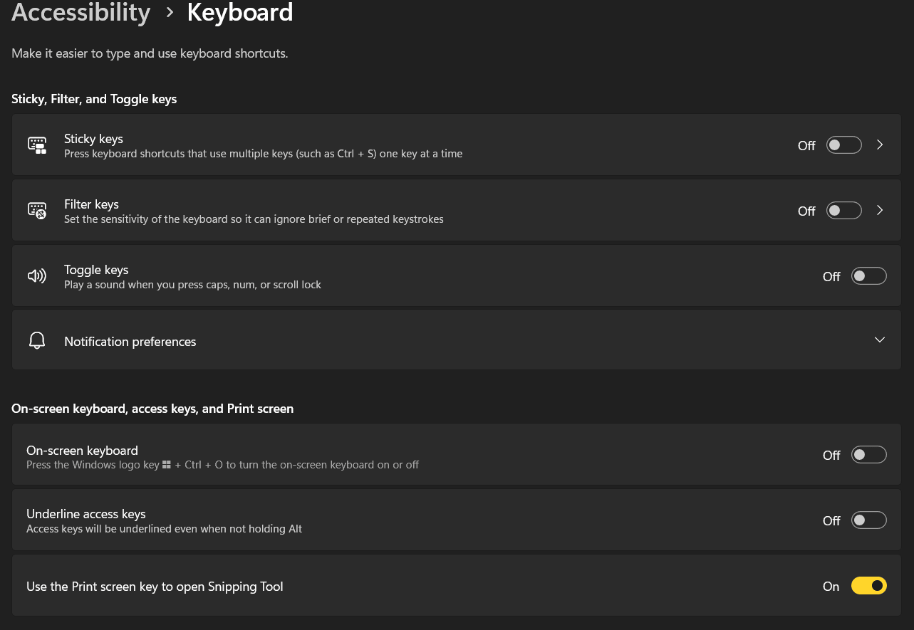 Filter keys, Sticky Keys, and Toggle keys