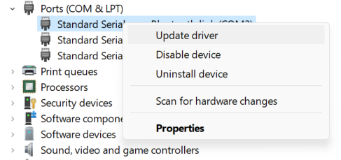 find COM ports - update driver