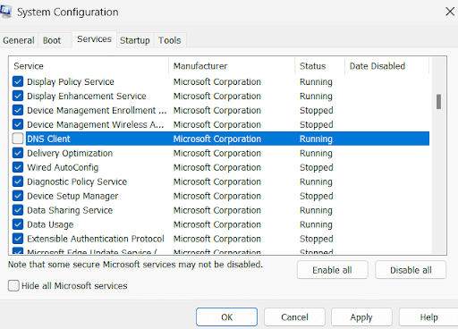 find the DNS client Uncheck the service to disable it
