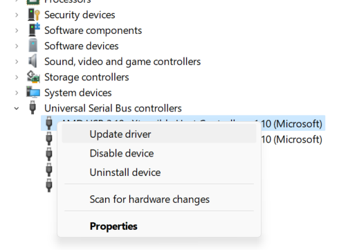 find USB Controllers and update driver