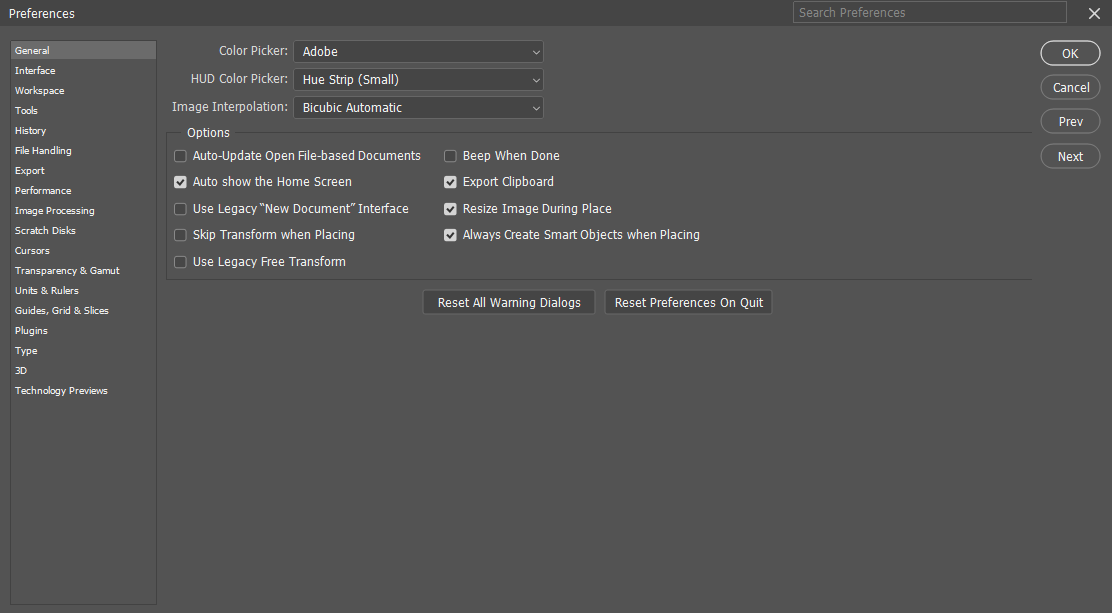 General option selected in Photoshop preferences tab