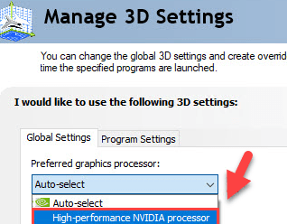 Global Settings tab under Manage 3D Settings