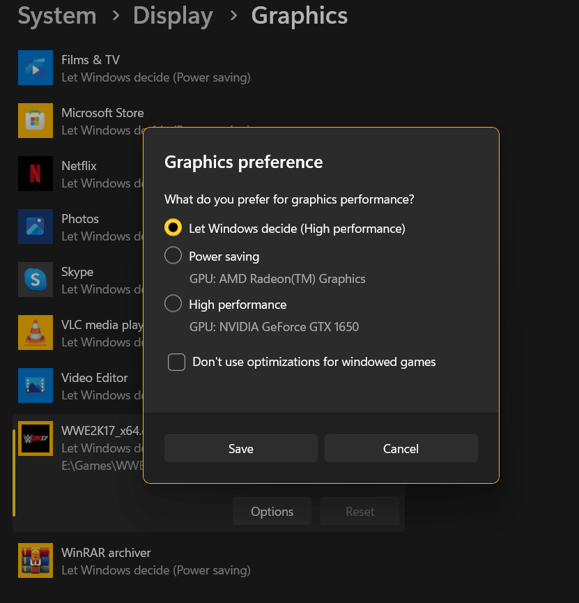 graphics preference window