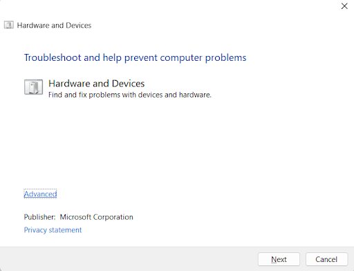 hardware and devices troubleshooter option