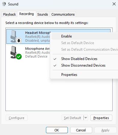 Headset Microphone -choose Enable