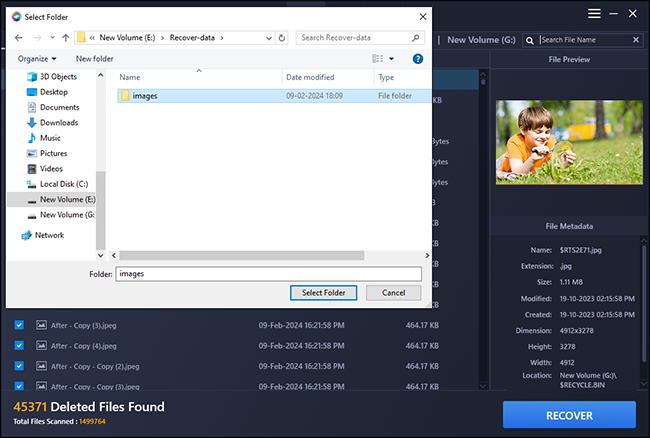 After selecting the images, audio, or video files to retrieve click Recover > select the location where you wish to restore images, audio, or video files.