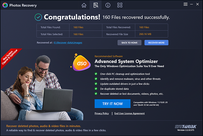 Once the photos, videos, or audio files recovery is done, selected photos, videos, or audio files will be saved to the location you picked. You will then see a summary of the photos, videos, or audio files recovery.