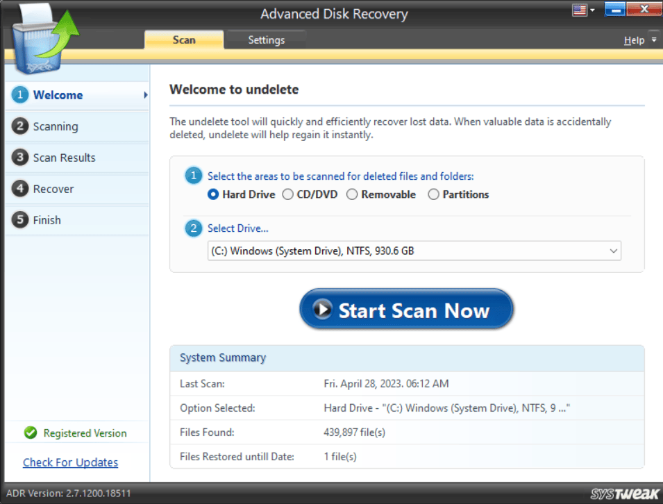 Home Screen of Advanced Disk Recovery