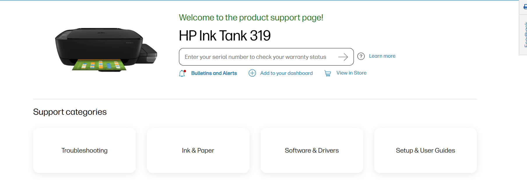 HP support website Ink Tank 319 page
