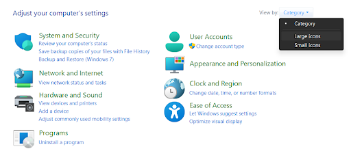 In Control Panel change view to large icons