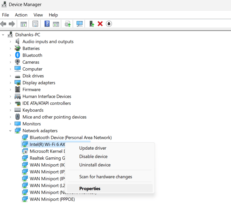 Intel WiFi 6 AX201 Adapter driver- Device Manager