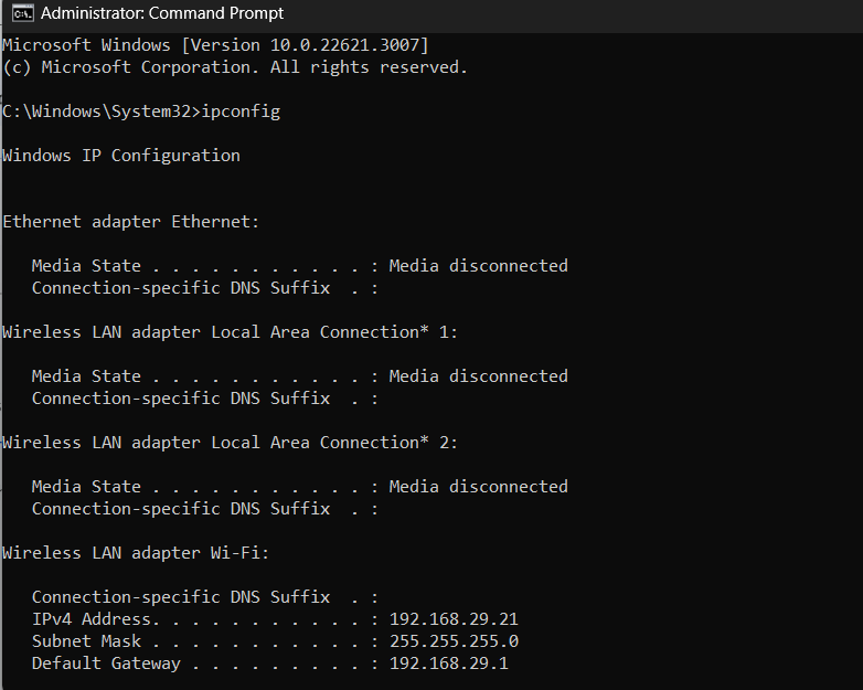 ipconfig command shows information about connection
