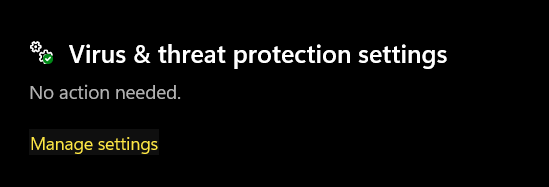 Manage Settings option in virus and threat protection