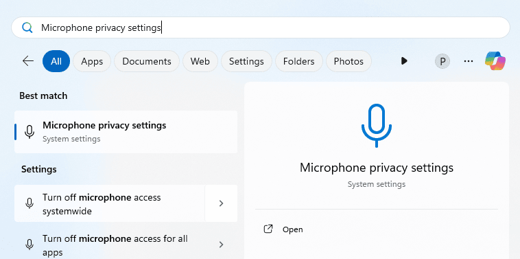 Microphone privacy settings typed