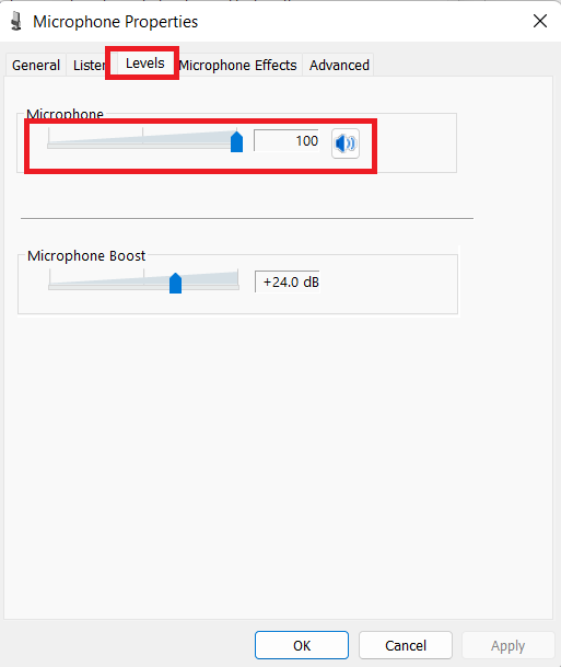 Microphone properties- levels tab