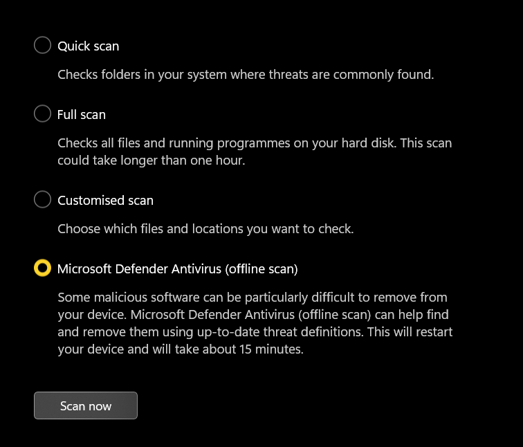 Microsoft Defender Antivirus option