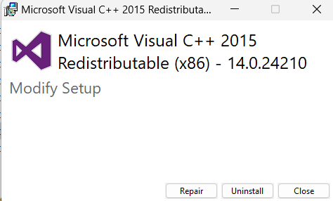 Microsoft Visual C++ Redistributable pop up window