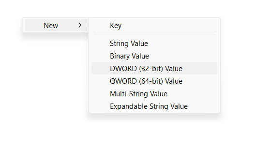 New DWORD (32-bit) Value selected after right clicking internet setting