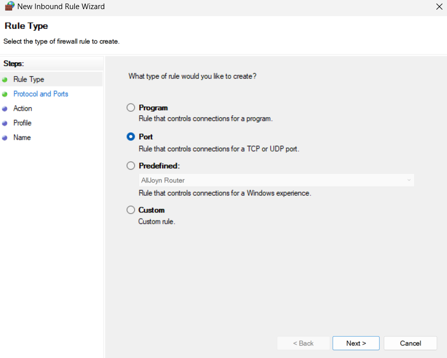 new inbound rules wizard