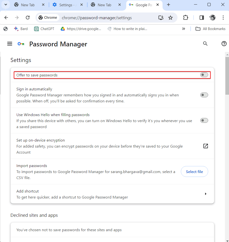 Offer to save passwords Option Password Manager
