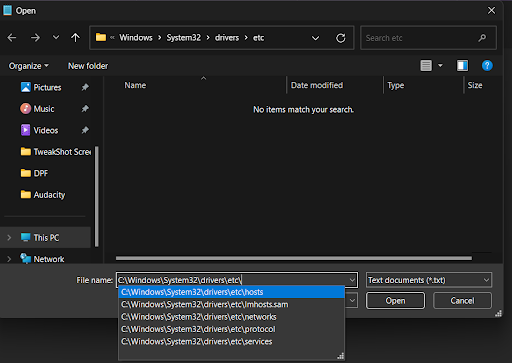 open Notepad application to verify local hosts files
