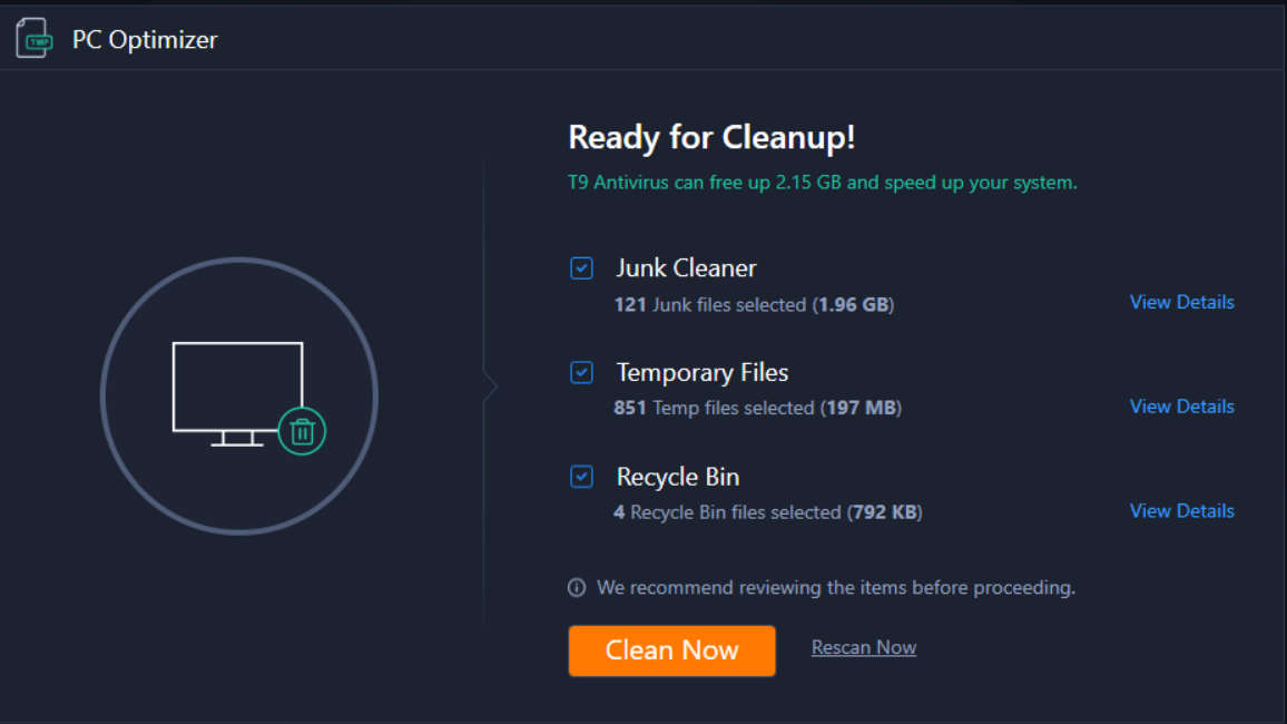 PC Optimizer in t9 Antivirus - Clean Now