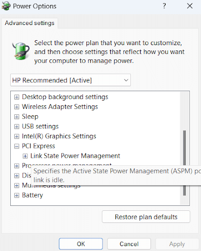 PCI Express in power option