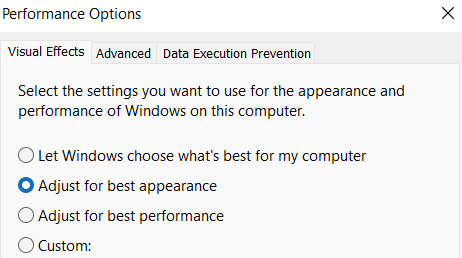 Performance Options dialog box