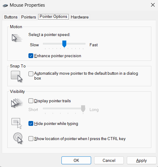 Pointer Options tab in mouse properties