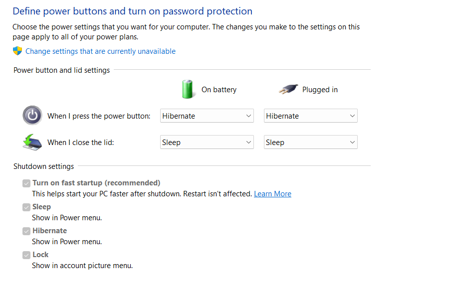 power button and settings